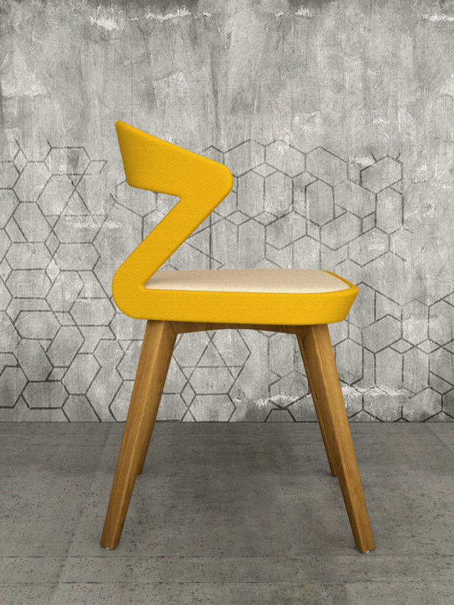 Render di sedia per interni imbottita dal design avvolgente e accogliente caratterizzate da una fascia sagomata che forma lo schienale e scende fino ad avvolgere la seduta. Nell'immagine proposta in versione bicolore dai colori accesi e gambe in legno.