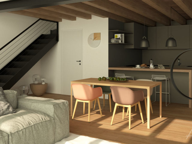 Vista render della sala da pranzo, con tavolo in legno e sedie dai colori pastello e zona cottura con bancone snack. Le travi a vista e il pavimento in parquet rendono l’ambiente accogliente.