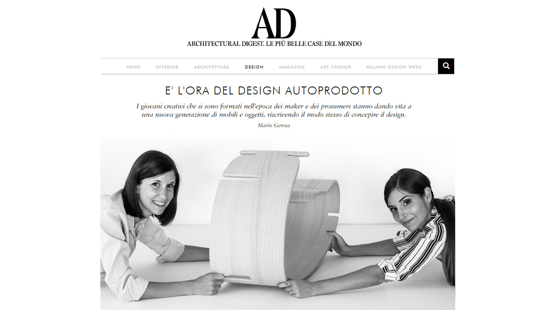 Schermata dell'articolo sul sito web di AD Italia dove si parla di design autoprodotto.