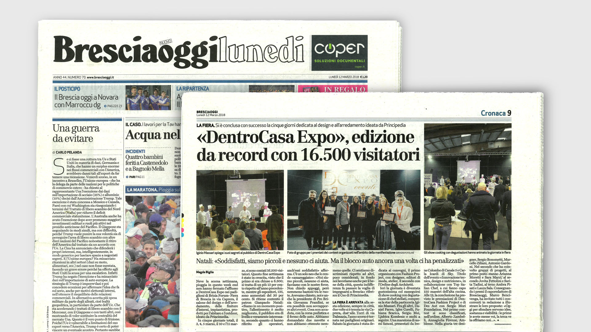 Immagine della prima pagina del Bresciaoggi del 12 Marzo 2018 e della pagina con l'articolo riguardo DentroCasa Expo.