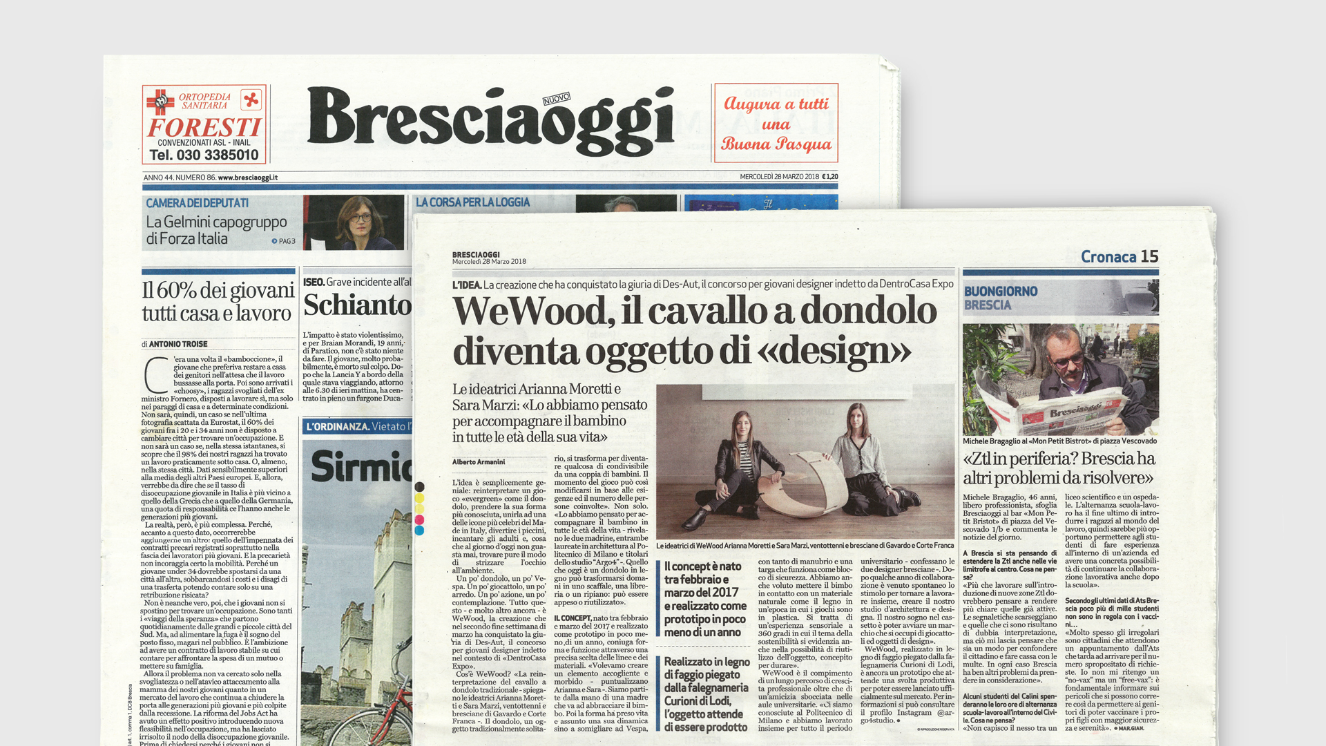 Immagine della prima pagina del Bresciaoggi del 28 Marzo 2018 e della pagina con l'articolo riguardo il cavallo a dondolo YaWood.