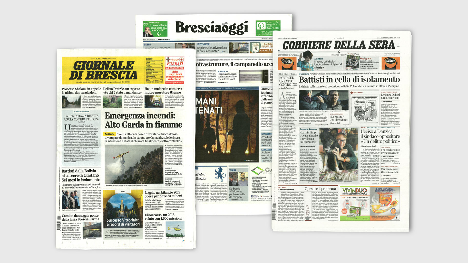 Immagine delle prime pagine di Bresciaoggi, Giornale di Brescia e Corriere della sera del 15 Marzo 2019.