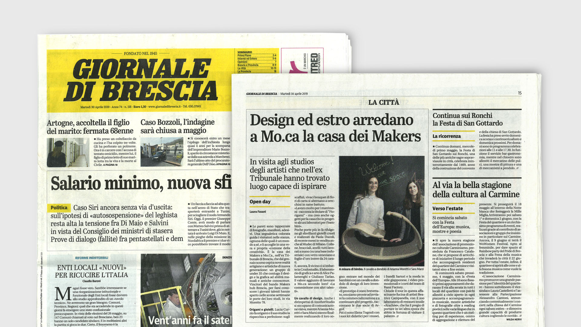 Immagine della prima pagina del Giornale di Brescia del 30 Aprile 2019.