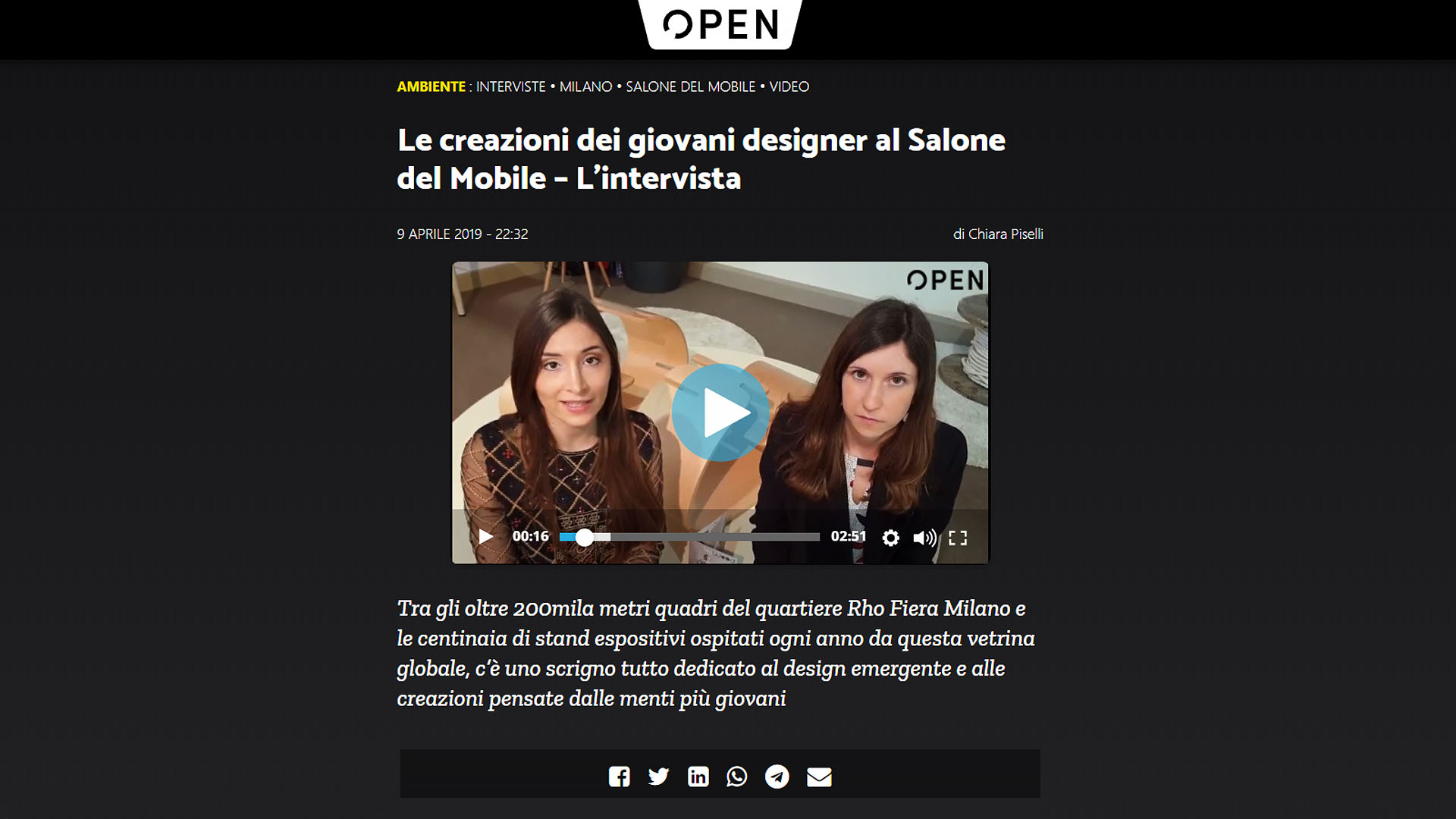 Schermata dell'articolo sul sito web di OPEN dove si parla di giovani designer al Salone del Mobile..