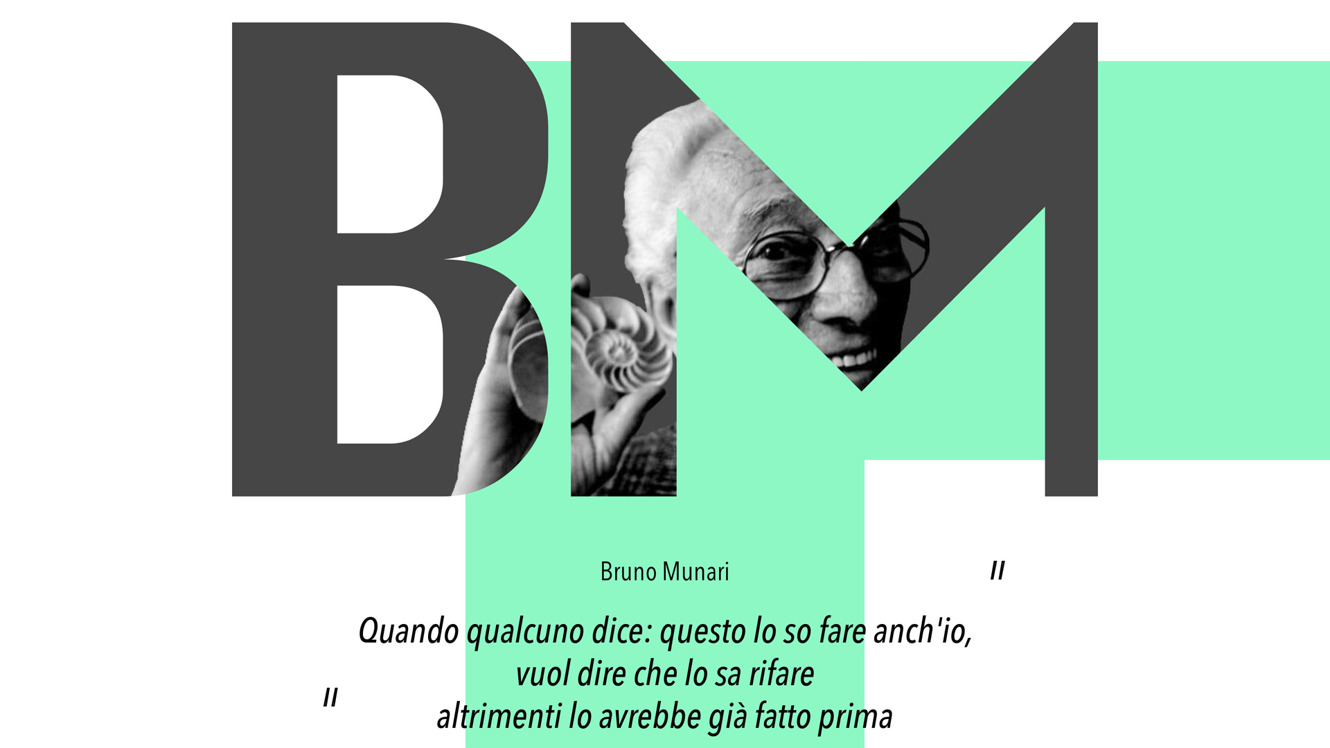 Grafica con le iniziali BM all'interno delle quali si vede il ritratto dell'artista e designer Bruno Munari, protagonista dell'articolo.
