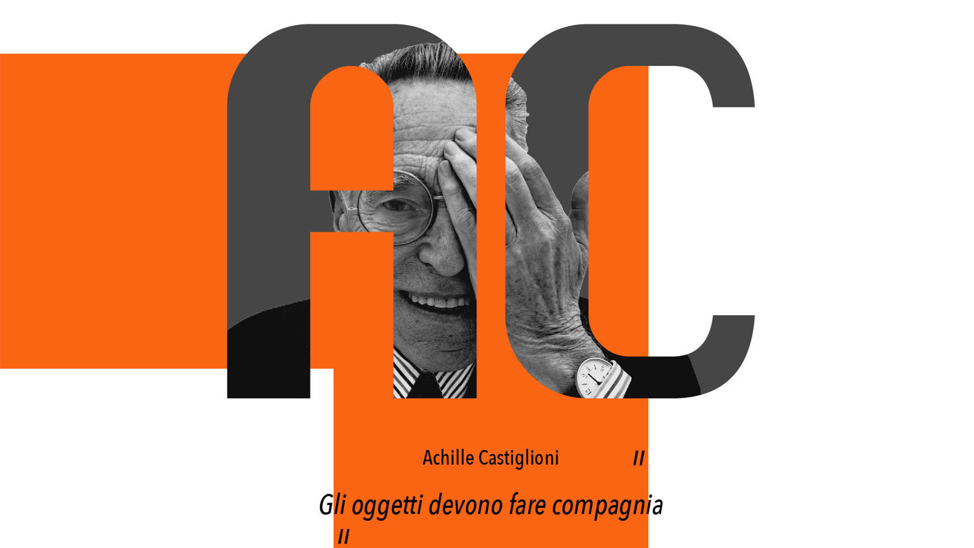 Grafica con le iniziali AC all'interno delle quali si vede il ritratto dell'architetto e designer Achille Castiglioni, protagonista dell'articolo.